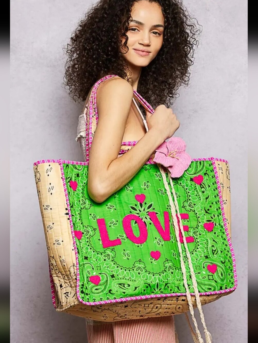POL LOVE Bandana Quilted Tote Bag Textured Print In Green/Pink Large NWT $98